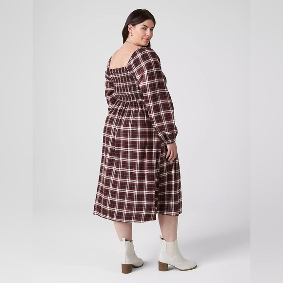 Square-Neck Smocked Plaid Midi Dress - Picture 2 of 3